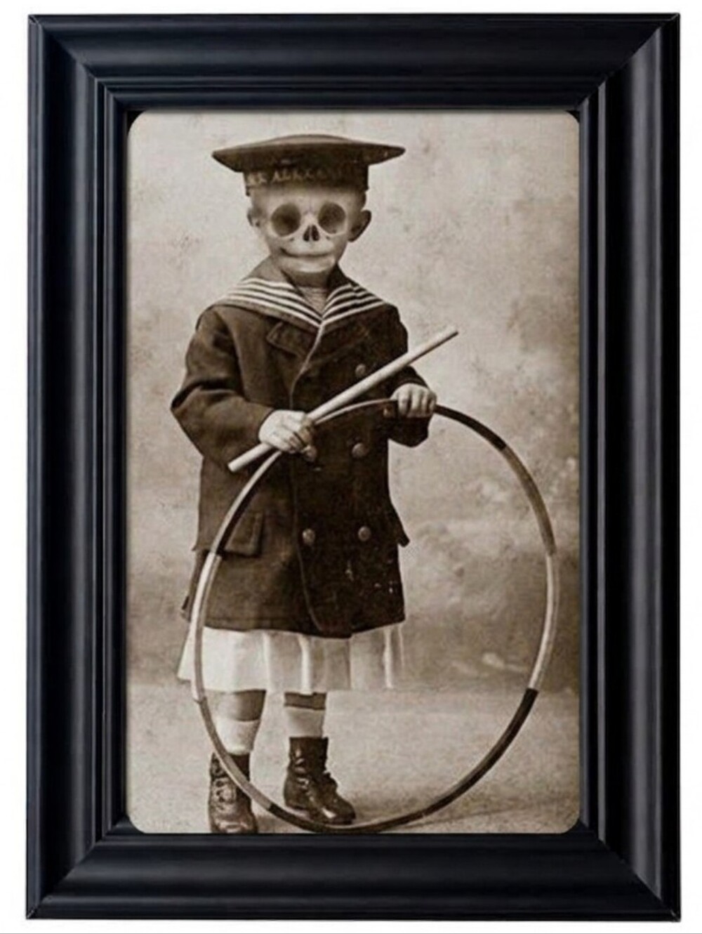 Victorian skeleton child skull head w devil horns vintage horror dark Halloween